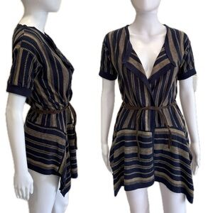 MNG MANGO Striped Cardigan Size Small Short Sleeve Sharkbite Hem Faux Suede Belt